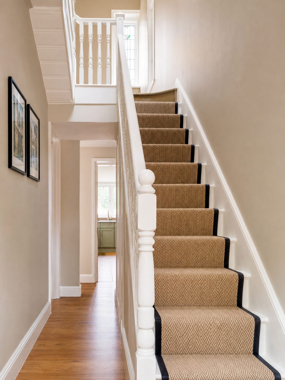 AI-generated concept of a completed hall and staircase with warm neutral walls and crisp white woodwork